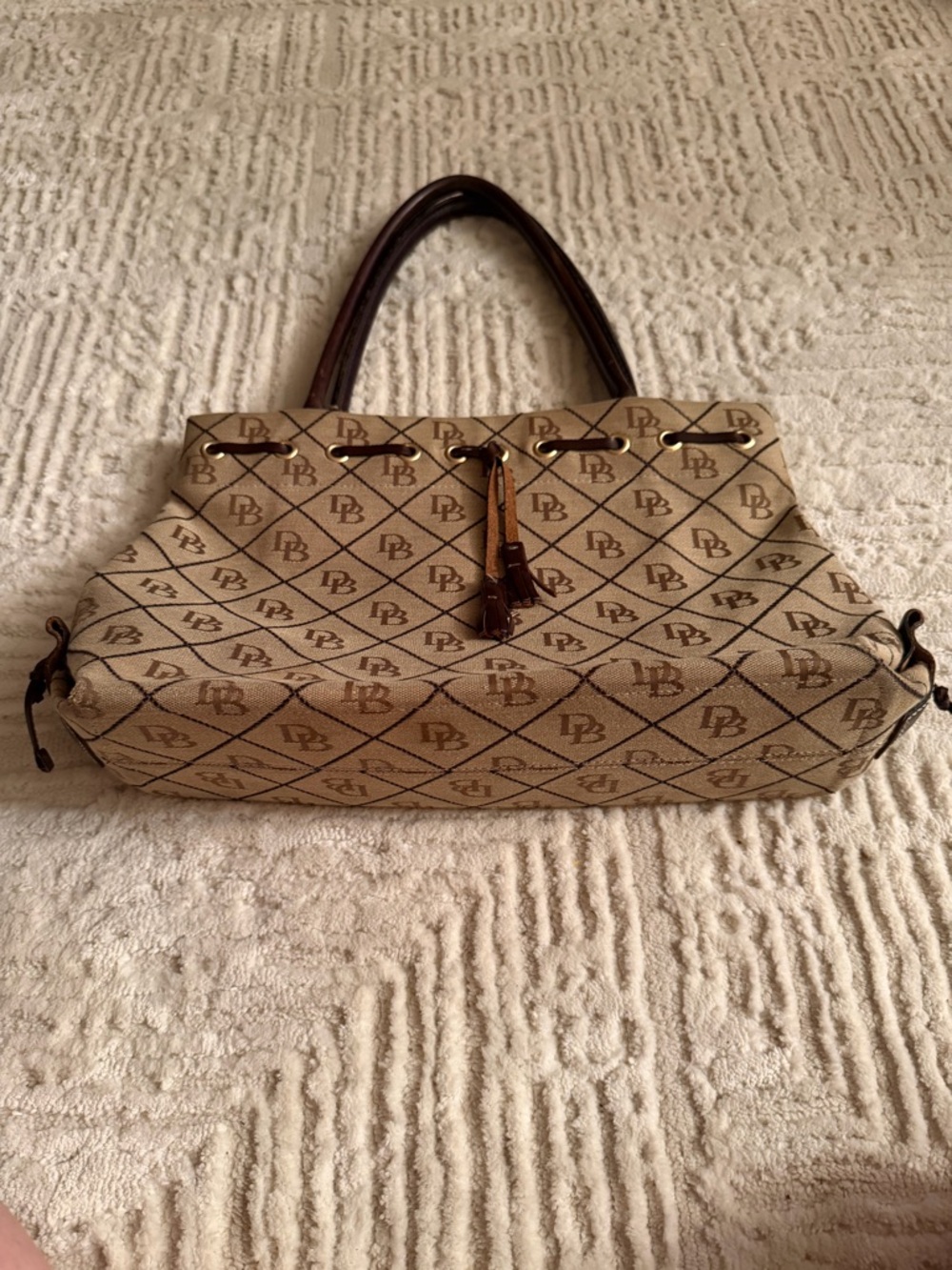 Dooney & Bourke DB Monogram Canvas Satchel Brown Leather Trim Shoulder Bag - Picture 2 of 11